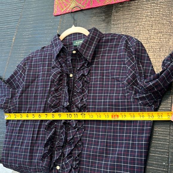 Lauren Ralph Lauren Button Down Shirt Ruffle Front iDark Navy Blue Purplish sz L - Picture 7 of 9